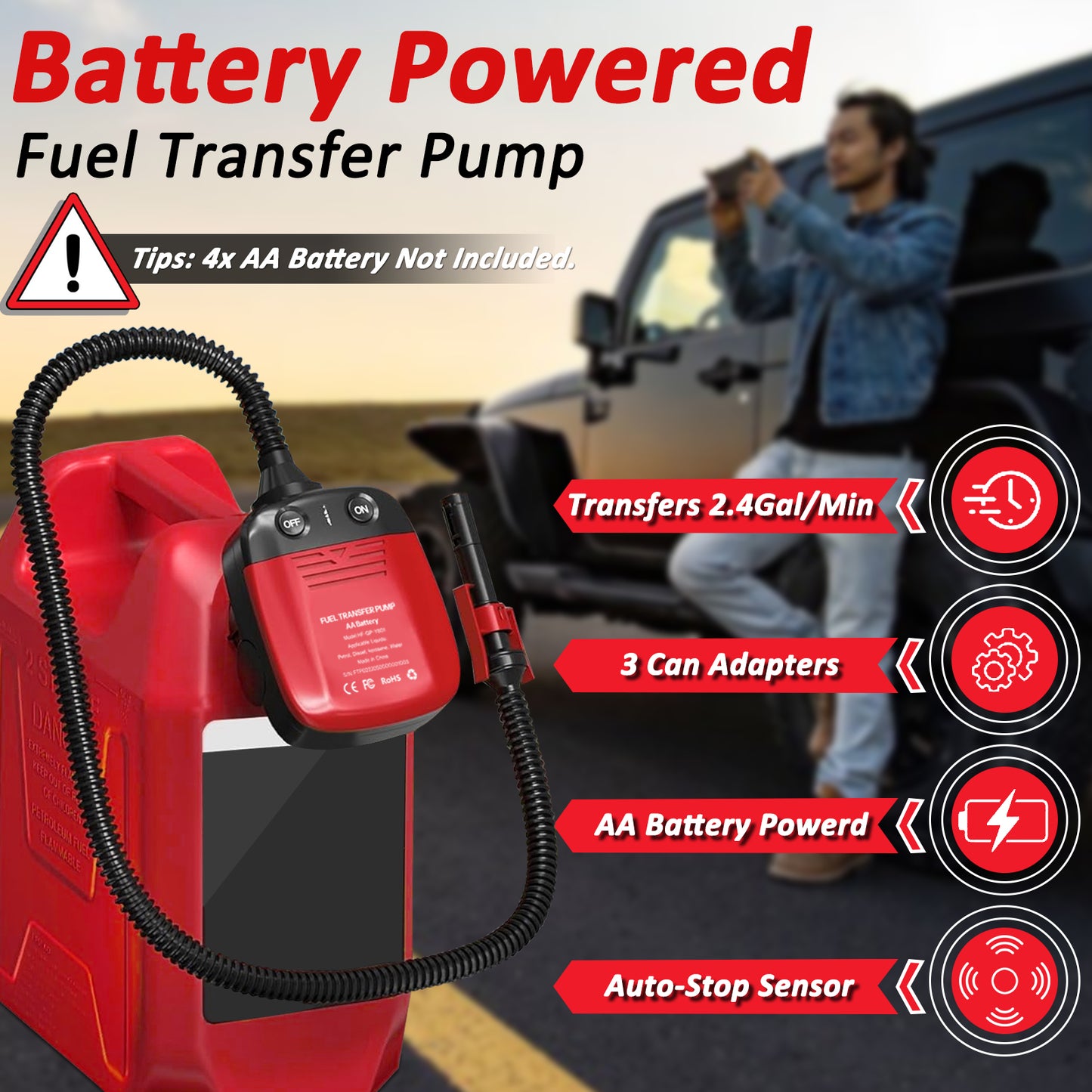 Wodli Fuel Transfer Pump with Auto-Stop Sensor, 42inch Hose Portable Power Battery Gas Pump for Gas Can, Gas Can Pump Gasoline Transfer Pump with 3 Can Adapters, Liquid Transfer Pump for Oil, Diesel