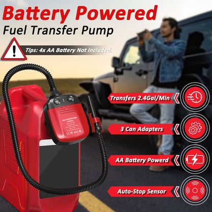 Wodli Fuel Transfer Pump with Auto-Stop Sensor, 42inch Hose Portable Power Battery Gas Pump for Gas Can, Gas Can Pump Gasoline Transfer Pump with 3 Can Adapters, Liquid Transfer Pump for Oil, Diesel