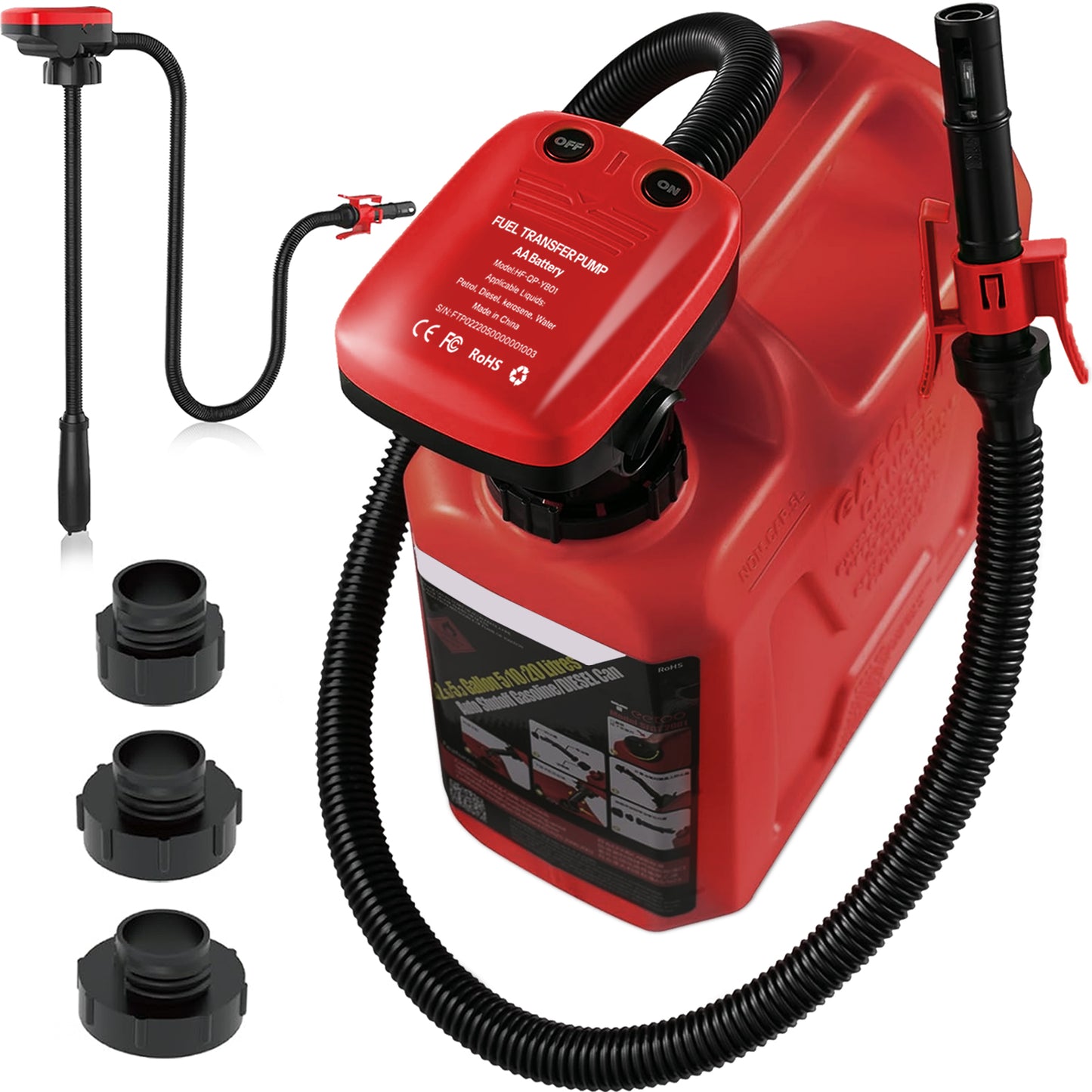 Wodli Fuel Transfer Pump with Auto-Stop Sensor, 42inch Hose Portable Power Battery Gas Pump for Gas Can, Gas Can Pump Gasoline Transfer Pump with 3 Can Adapters, Liquid Transfer Pump for Oil, Diesel