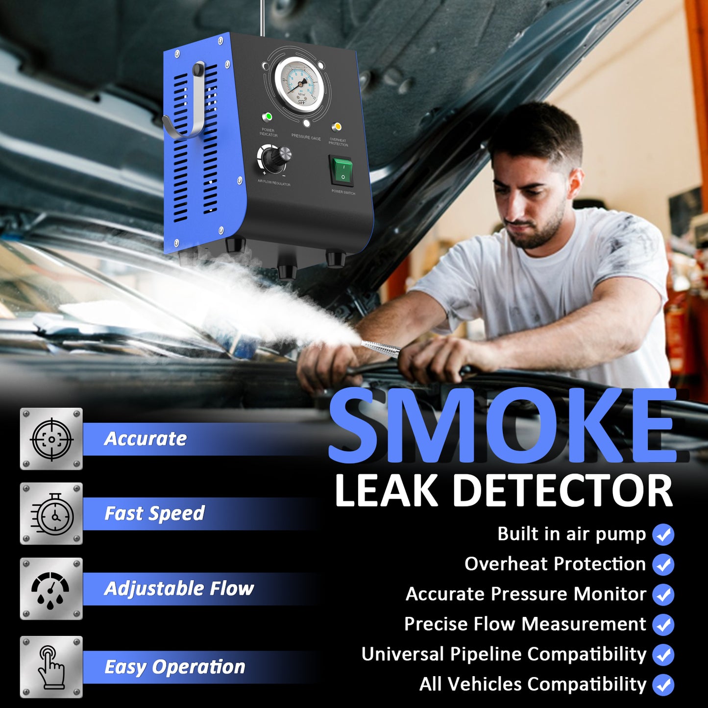 Wodli Automotive Smoke Machine Leak Detector Built in Air Pump, EVAP Automotive Smoke Tester with Adjustable Pressure Gauge for Vacuum Leaks, Smoke Tester Automotive for DC 12V Vehicle Pipe Systems