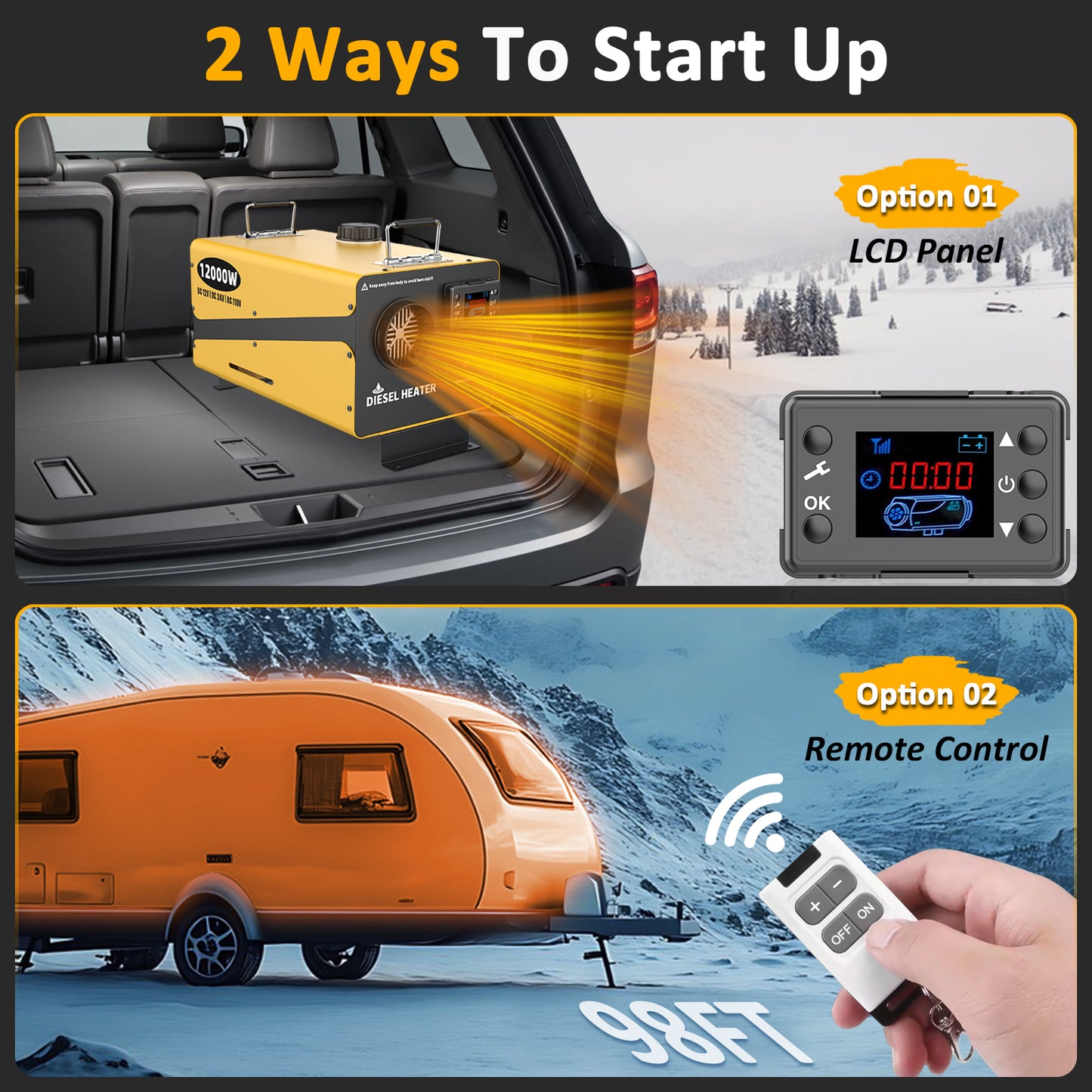 Wodli 12000W Diesel Heater 12V/24V/110V, All-in-One Portable Diesel Air Heater with LCD Monitor & Remote Control, Diesel Parking RV Heater with Power Adapter for Camper Tent Truck Boat Car Shop Garage