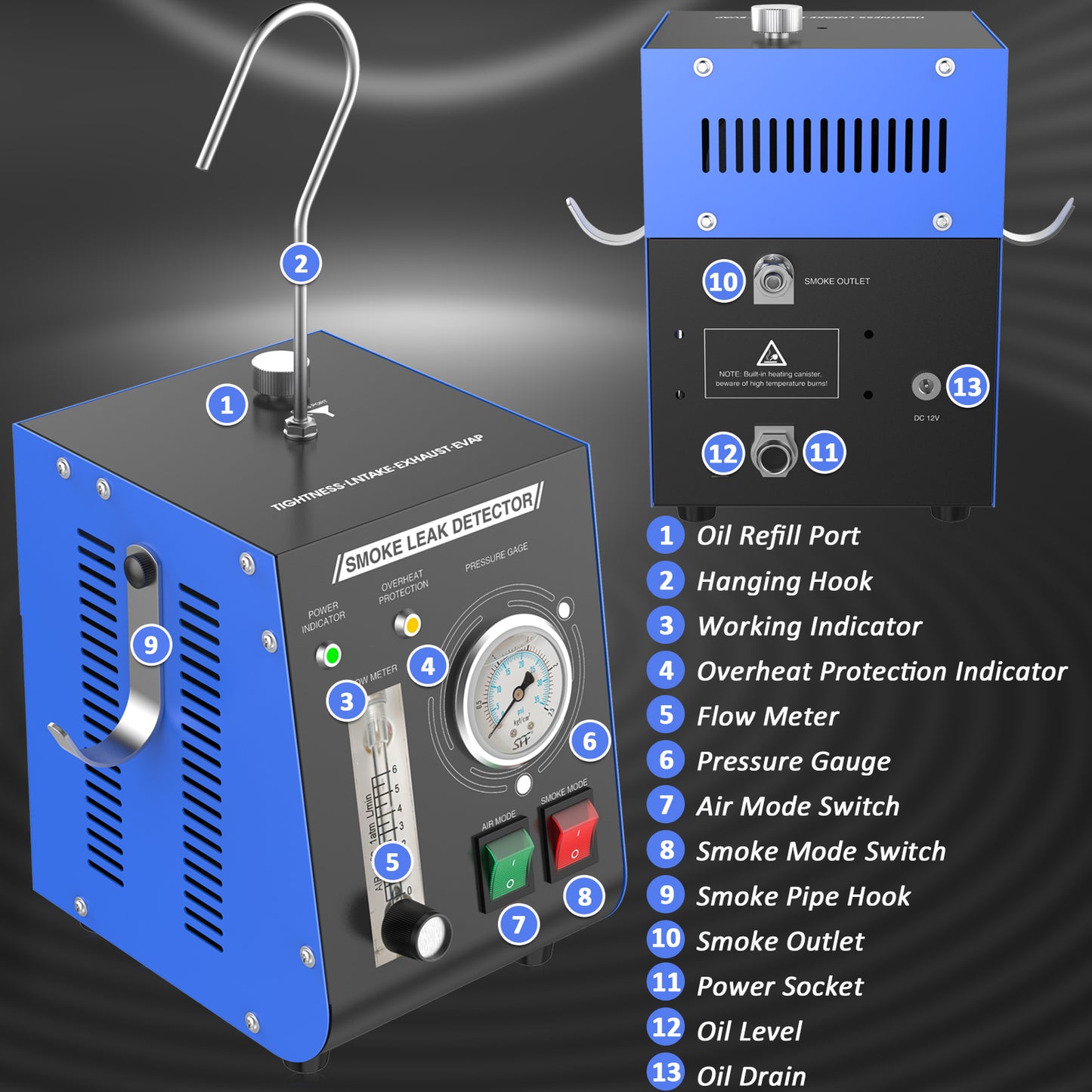 Wodli Smoke Machine Automotive Leak Detector Built in Air Pump, EVAP Smoke Machine Leak Tester with Pressure Gauge and Flow Meter, Dual Mode Smoke Tester Automotive for All DC 12V Vehicles