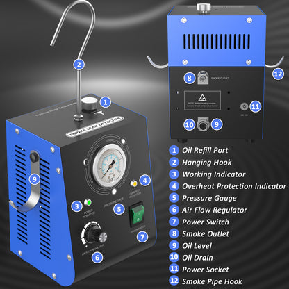 Wodli Automotive Smoke Machine Leak Detector Built in Air Pump, EVAP Automotive Smoke Tester with Adjustable Pressure Gauge for Vacuum Leaks, Smoke Tester Automotive for DC 12V Vehicle Pipe Systems