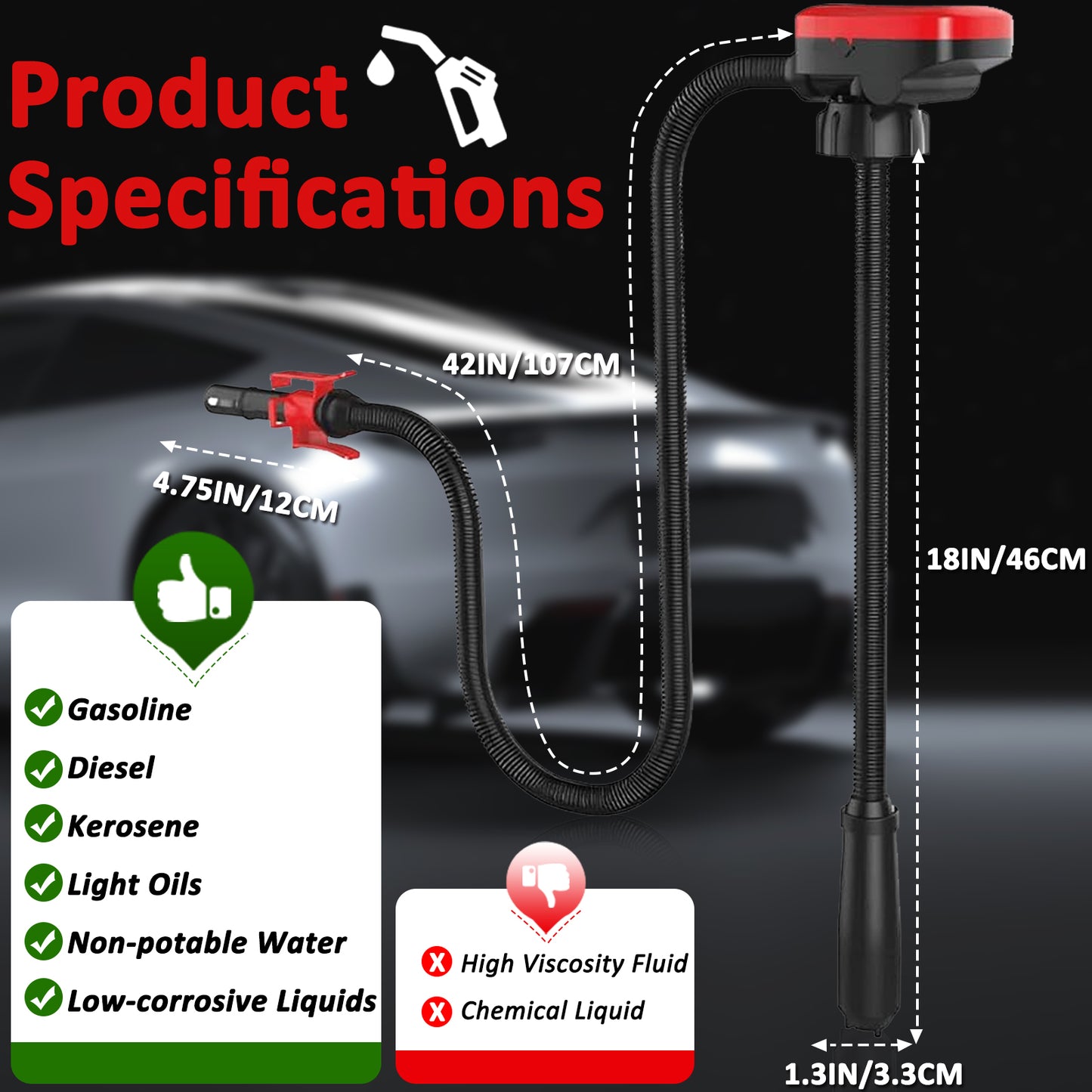 Wodli Fuel Transfer Pump with Auto-Stop Sensor, 42inch Hose Portable Power Battery Gas Pump for Gas Can, Gas Can Pump Gasoline Transfer Pump with 3 Can Adapters, Liquid Transfer Pump for Oil, Diesel