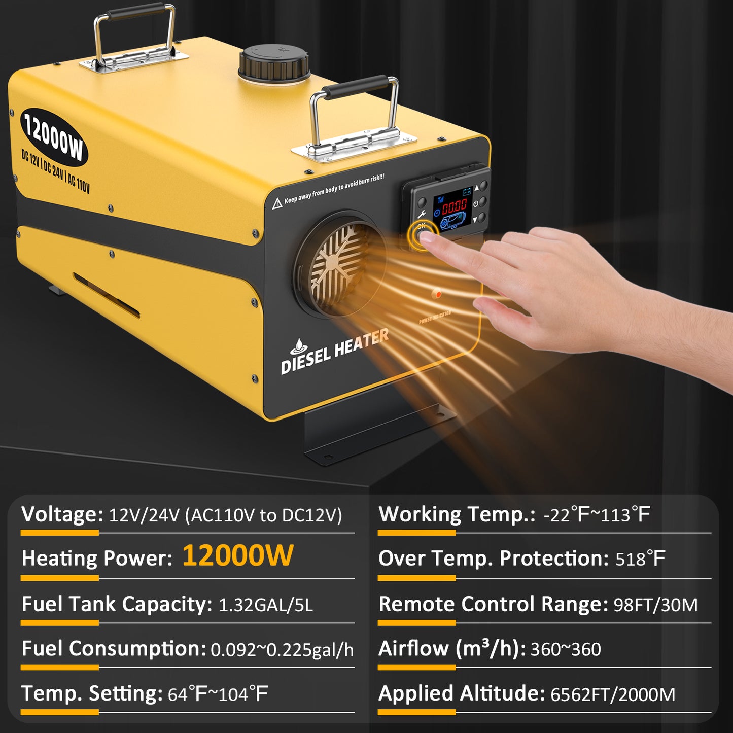 Wodli 12000W Diesel Heater 12V/24V/110V, All-in-One Portable Diesel Air Heater with LCD Monitor & Remote Control, Diesel Parking RV Heater with Power Adapter for Camper Tent Truck Boat Car Shop Garage