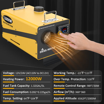 Wodli 12000W Diesel Heater 12V/24V/110V, All-in-One Portable Diesel Air Heater with LCD Monitor & Remote Control, Diesel Parking RV Heater with Power Adapter for Camper Tent Truck Boat Car Shop Garage
