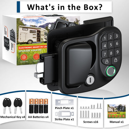 Wodli 4-in-1 RV Door Lock Keyless Entry - Bluetooth, Fingerprint, Keypad & 4 Backup Keys for Camper Trailer & Cargo | 3.75"x2.75"x1.5" Opening Size, Not fit Class A or Class C RVs