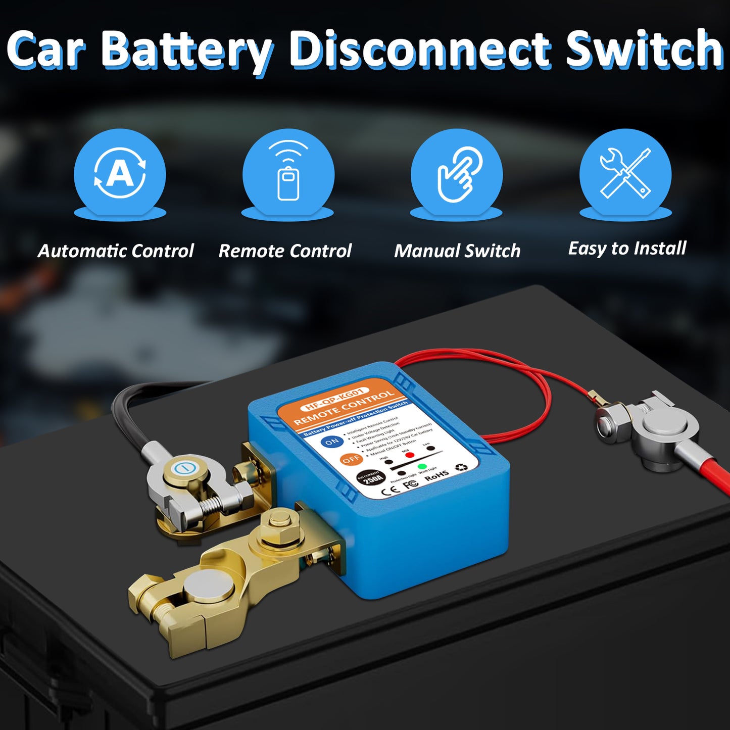 Wodli Kill Switch for Car, Remote Battery Disconnect Switch 12V, Car Anti Theft Kill Switch with Remote Control Fobs, Battery Cut Off Switch for Automobile, RV, ATV, Truck, Boat (Flat Installation)