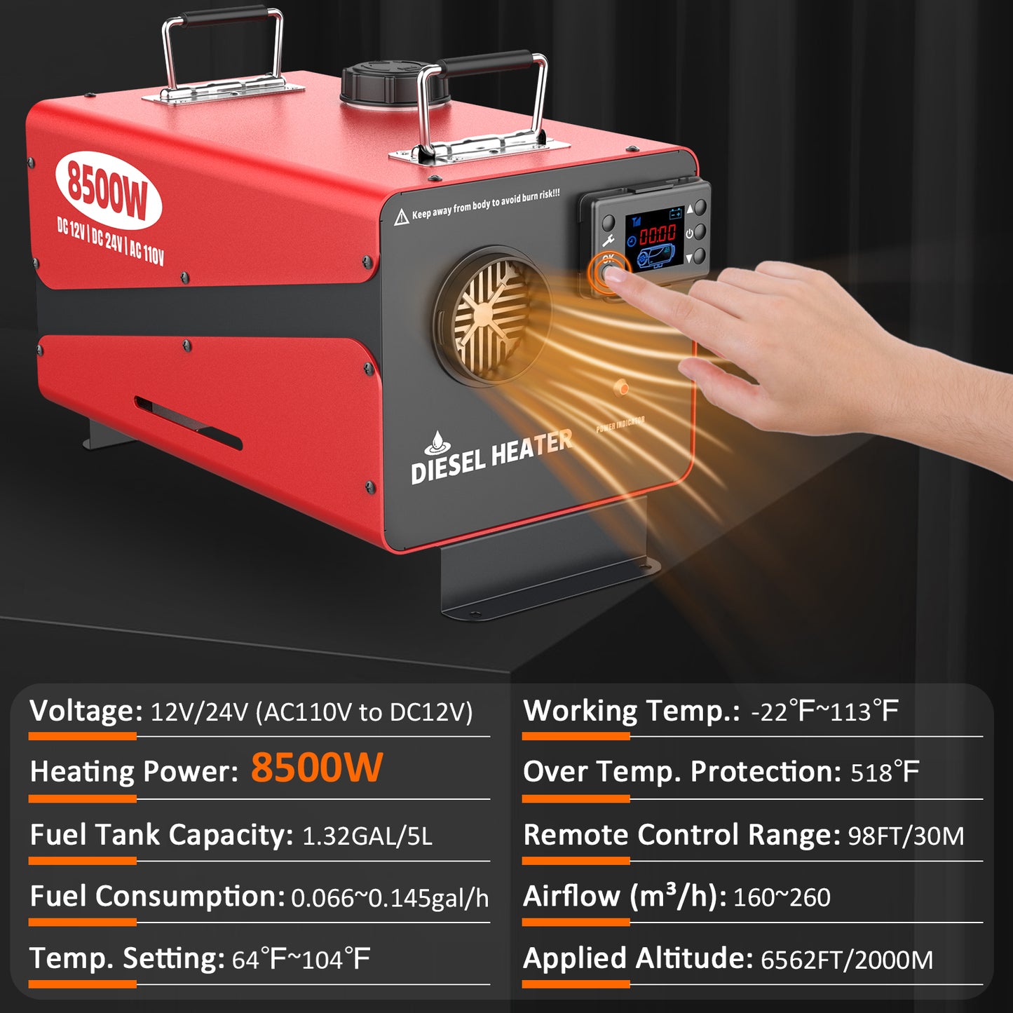 Wodli 8500W Diesel Heater, 12V/24V/110V All-in-One Portable Parking Air Space Heater with LCD Monitor & Remote Control, Fast Heating Low Noise for RV, Trailer, Van, Truck, Boat, Garage, Tent, Camper