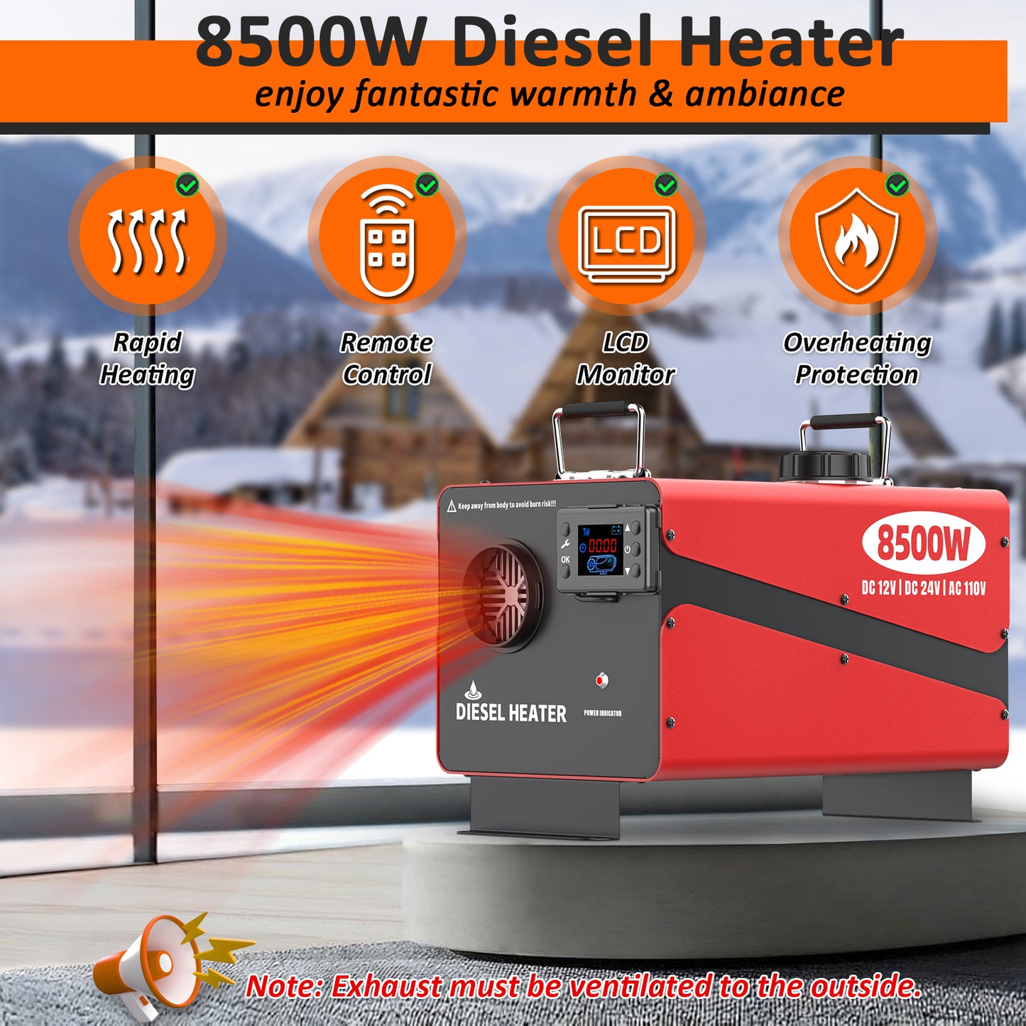 Wodli 8500W Diesel Heater, 12V/24V/110V All-in-One Portable Parking Air Space Heater with LCD Monitor & Remote Control, Fast Heating Low Noise for RV, Trailer, Van, Truck, Boat, Garage, Tent, Camper