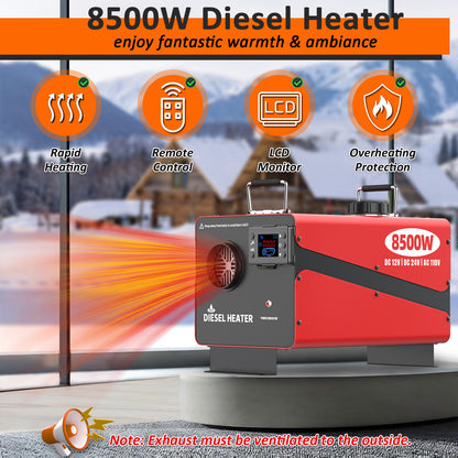 Wodli 8500W Diesel Heater, 12V/24V/110V All-in-One Portable Parking Air Space Heater with LCD Monitor & Remote Control, Fast Heating Low Noise for RV, Trailer, Van, Truck, Boat, Garage, Tent, Camper