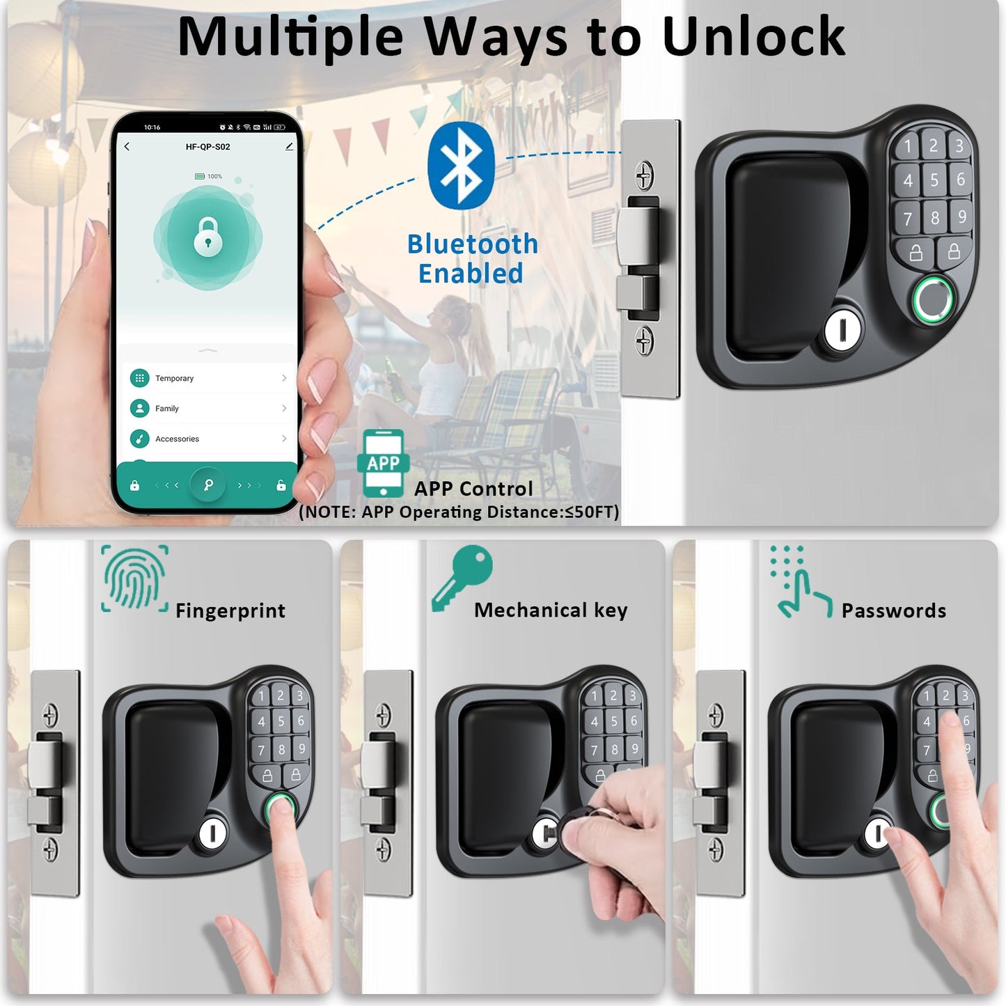Wodli Upgraded RV Door Lock Replacement, 4-in-1 RV Lock Keyless Entry with Bluetooth, Fingerprint, Passwords, Keys, Opening Size 3.75"x2.75"x1.5", Not fit Class A or Class C RVs