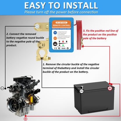 Wodli Kill Switch for Car, Remote Battery Disconnect Switch 12V, Car Anti Theft Kill Switch with Remote Control Fobs, Battery Cut Off Switch for Automobile, RV, ATV, Truck, Boat (Flat Installation)