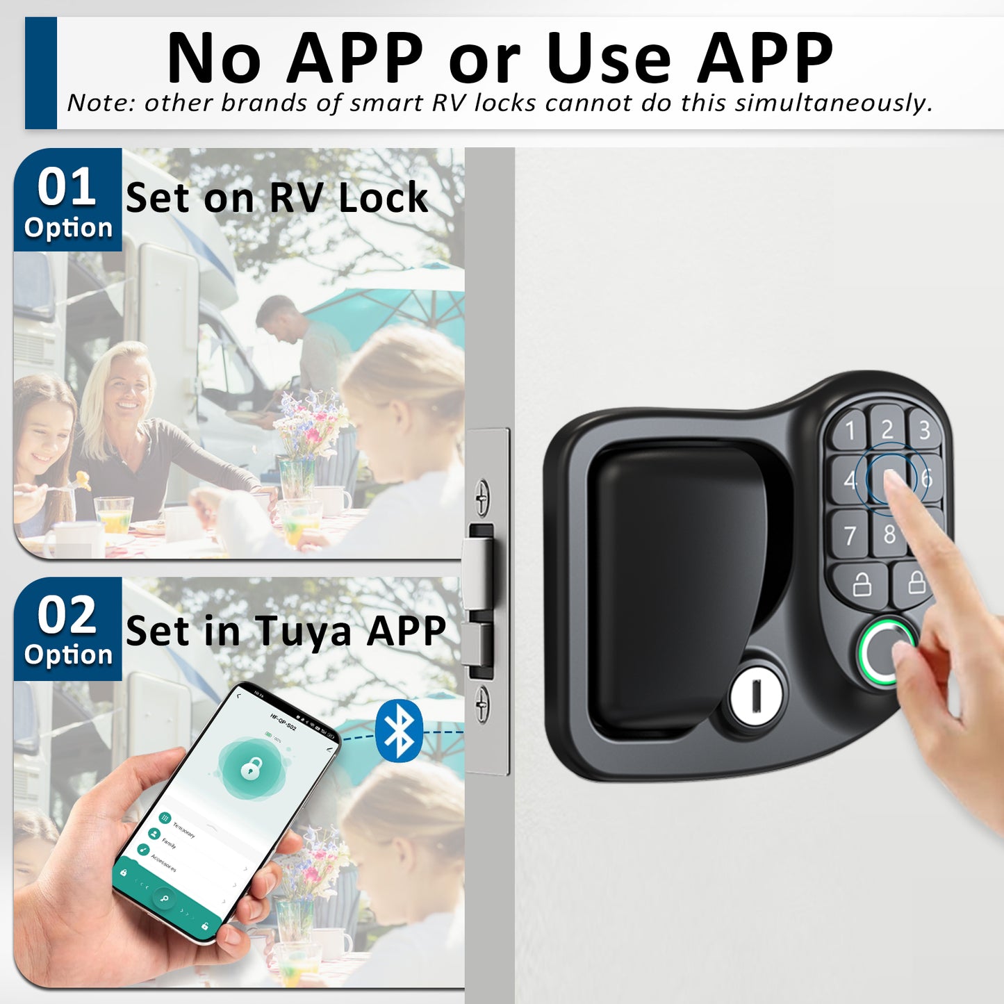 Wodli 4-in-1 RV Door Lock Keyless Entry - Bluetooth, Fingerprint, Keypad & 4 Backup Keys for Camper Trailer & Cargo | 3.75"x2.75"x1.5" Opening Size, Not fit Class A or Class C RVs