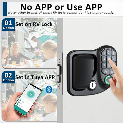 Wodli 4-in-1 RV Door Lock Keyless Entry - Bluetooth, Fingerprint, Keypad & 4 Backup Keys for Camper Trailer & Cargo | 3.75"x2.75"x1.5" Opening Size, Not fit Class A or Class C RVs