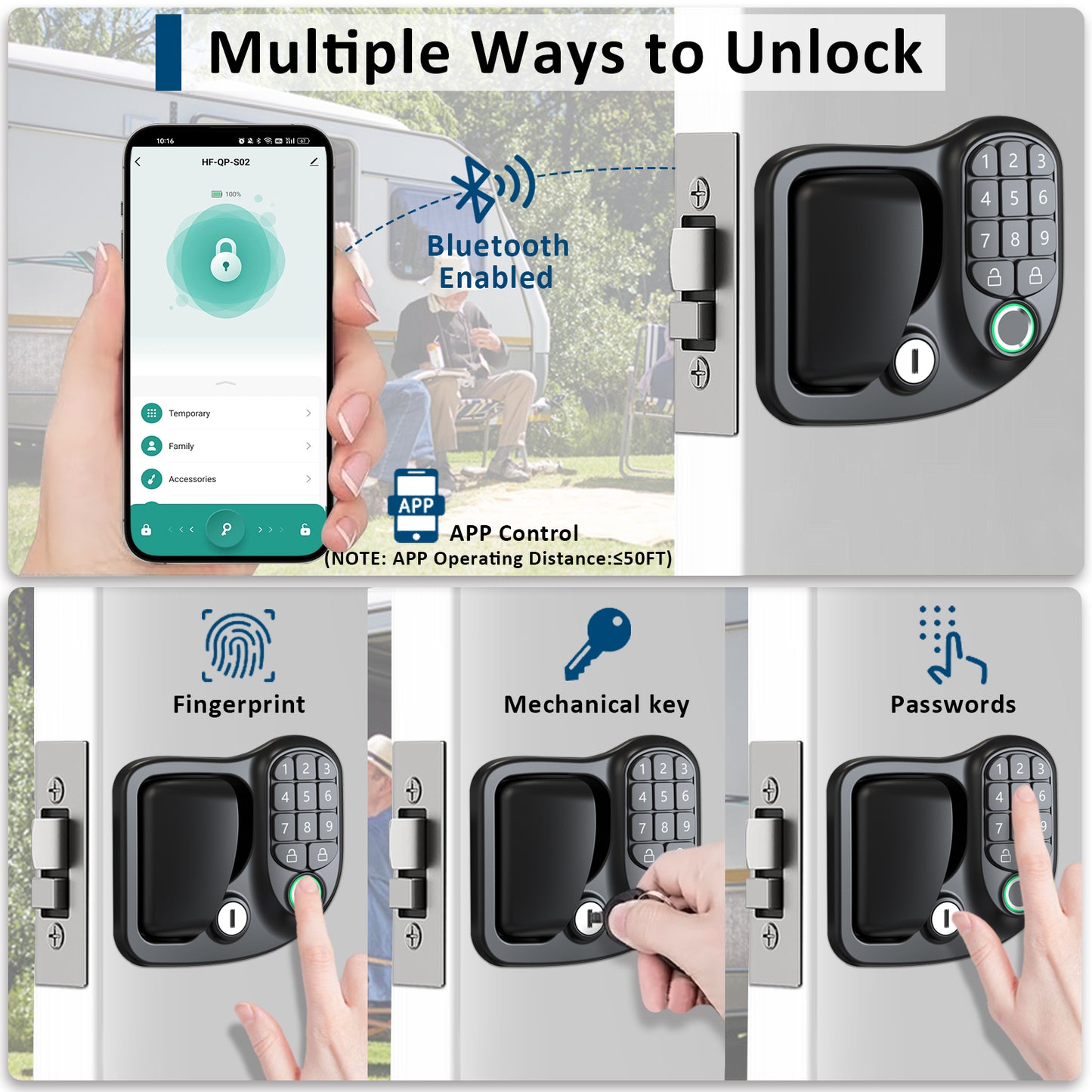 Wodli 4-in-1 RV Door Lock Keyless Entry - Bluetooth, Fingerprint, Keypad & 4 Backup Keys for Camper Trailer & Cargo | 3.75"x2.75"x1.5" Opening Size, Not fit Class A or Class C RVs