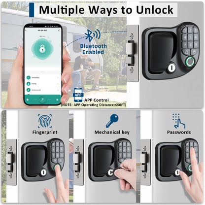 Wodli 4-in-1 RV Door Lock Keyless Entry - Bluetooth, Fingerprint, Keypad & 4 Backup Keys for Camper Trailer & Cargo | 3.75"x2.75"x1.5" Opening Size, Not fit Class A or Class C RVs