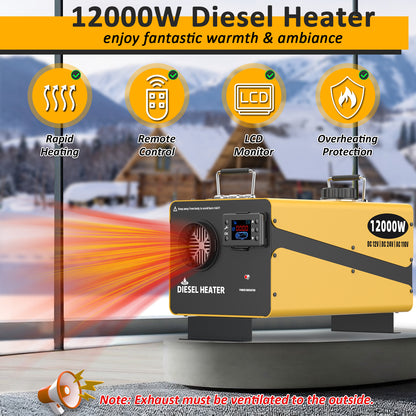 Wodli 12000W Diesel Heater 12V/24V/110V, All-in-One Portable Diesel Air Heater with LCD Monitor & Remote Control, Diesel Parking RV Heater with Power Adapter for Camper Tent Truck Boat Car Shop Garage