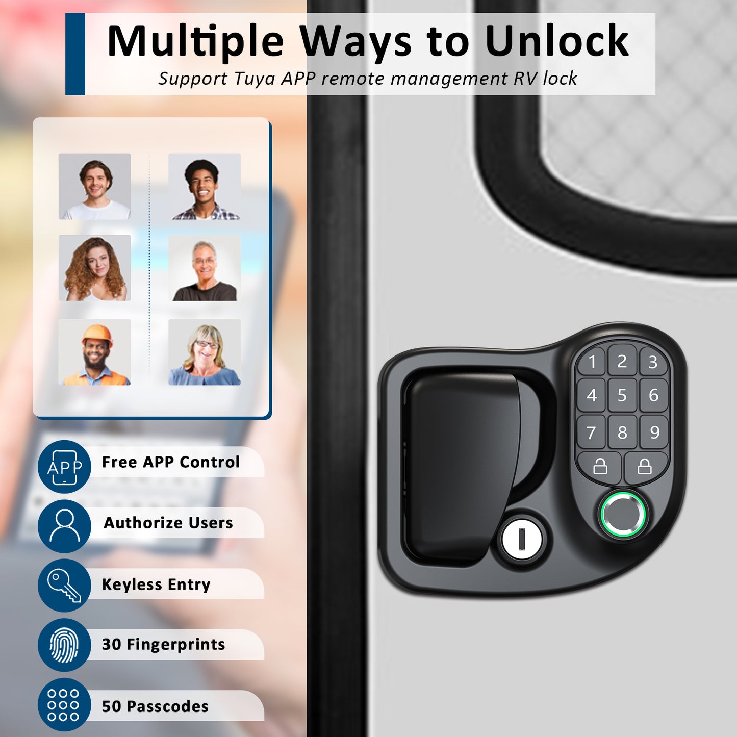 Wodli 4-in-1 RV Door Lock Keyless Entry - Bluetooth, Fingerprint, Keypad & 4 Backup Keys for Camper Trailer & Cargo | 3.75"x2.75"x1.5" Opening Size, Not fit Class A or Class C RVs
