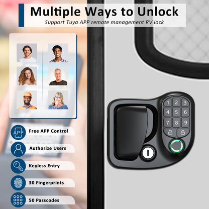 Wodli 4-in-1 RV Door Lock Keyless Entry - Bluetooth, Fingerprint, Keypad & 4 Backup Keys for Camper Trailer & Cargo | 3.75"x2.75"x1.5" Opening Size, Not fit Class A or Class C RVs